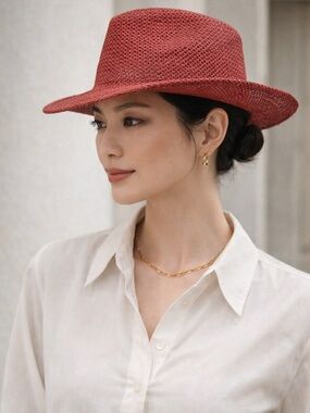 Red Wide Brim 100% Straw Hat Boho Festival Beach Vacation Statement Sun Hat